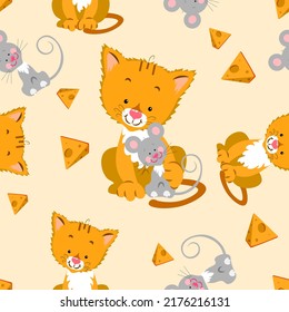 Patrón de bebé lindo en tonos beige y amarillo pastel Los gatitos y los ratones son amigos abrazándose al fondo de trozos de queso Vector