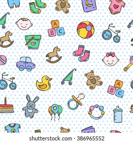 Cute baby pattern with polka dots. Vector seamless pattern for children