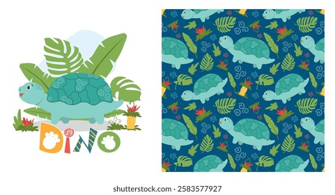 Cute baby pattern with prehistoric turtle, kids print. Seamless background with prehistoric animals, cute vector texture for baby bedding, fabric, wallpaper, wrapping paper, textile, t-shirt print