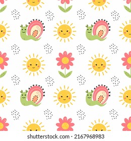 Cute baby pattern. Snail with rainbow. Summer background in nursery. Wallpaper for printing on fabric and packaging paper.