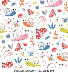Cute baby pattern with snails, moths and butterflies. Seamless vector print with hand drawn kawaii animals and flowers for kids textile, apparel or wrapping paper 