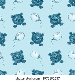 Cute baby pattern with teddy bears and balloons on a blue background. Vector printing for children's room, clothing, or postcards. Hand-drawn background. Wire elements.