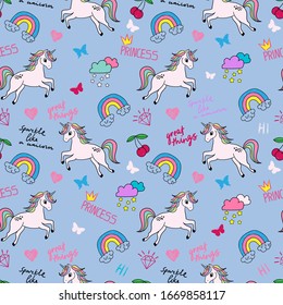 Cute baby pattern with unicorn and rainbow. Seamless pattern for textile, fashion clothes, wrapping paper and more.

