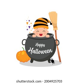 Cute baby peeking from inside a cauldron. Happy Halloween. Flat vector cartoon design