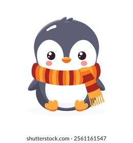 cute baby penguin in autumn scarf isolated on white background flat illustration