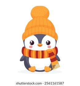 cute baby penguin in autumn scarf and cap isolated on white background flat illustration