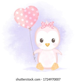 Cute baby penguin with balloon hand drawn cartoon  watercolor illustration