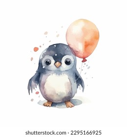 A cute baby penguin with balloons, cartoon watercolor white background