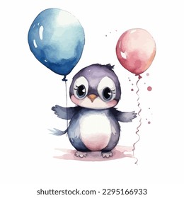 A cute baby penguin with balloons, cartoon watercolor white background