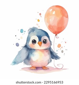 A cute baby penguin with balloons, cartoon watercolor white background