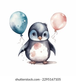 A cute baby penguin with balloons, cartoon watercolor white background