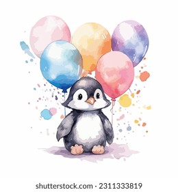 A cute baby penguin with balloons, cartoon watercolor white background