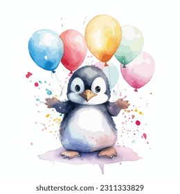 A cute baby penguin with balloons, cartoon watercolor white background