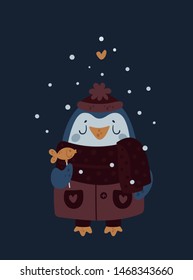 Cute baby penguin bird. Lovely vector cartoon animal character illustration. Season autumn, winter postcard.  For print, poster, calendar, decoration, textile, souvenir