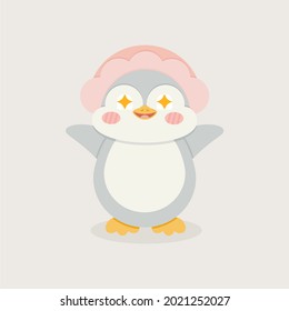 Cute baby penguin dazzled in flat style. Vector illustration. Winter symbol. Antarctic bird, animal illustration.