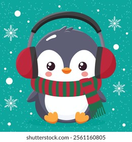 cute baby penguin in headphones and winter scarf in snow flat illustration