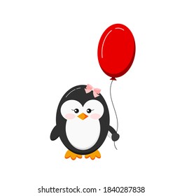 Cute baby penguin holding balloon isolated on white background. Black funny girl bird animal with pink bow and red ballon in wing. Flat design cartoon style vector illustration.