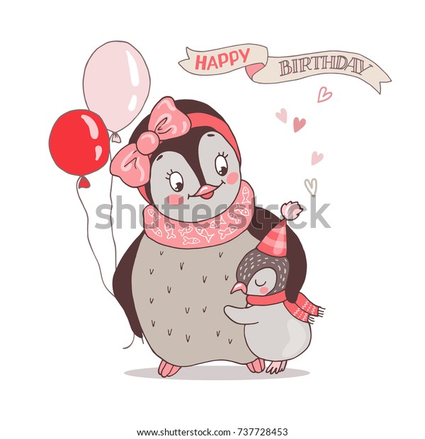 Cute Baby Penguin Hugging His Mom Stock Vector Royalty Free