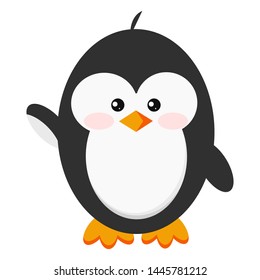 Cute baby penguin icon in standing hi pose isolated on white background. Cold winter symbol flat design. Cartoon style waving antarctic bird, animal vector illustration.