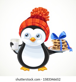 Cute baby penguin in knitted hat holds cookies and milk isolated on white background