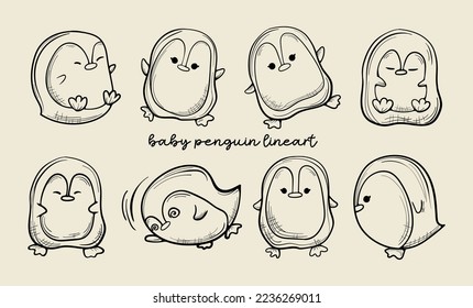 Cute Baby Penguin Lineart Hand Drawn Vector Illustration