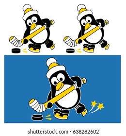 Cute baby penguin on skates with hockey stick