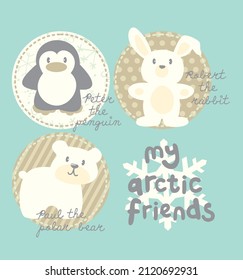 pingüino lindo, conejo y oso polar en la nieve nombraron a mis amigos árticos ilustraciones gráficas vectoriales aisladas para el suéter de bebé, camiseta, pijamas, pegatina, portada de libros, tarjeta de invitación, tazas, afiches