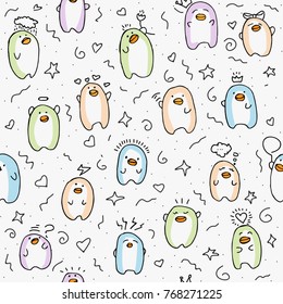 Cute baby penguin seamless pattern. Cartoon penguins with fun elements and decorations. Emotional baby penguins, repeatable light background
