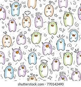 Cute baby penguin seamless pattern. Cartoon penguins with fun elements and decorations. Emotional baby penguins, repeatable light background