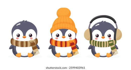 Cute Baby Penguin Set in Scarf and Headphones Flat Vector Illustration Isolated on White Background.