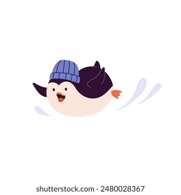 Cute baby penguin slides on ice slope with snow splashes. Funny north bird in hat has fun, plays. Happy polar animal rejoices at winter holidays. Flat isolated vector illustration on white background