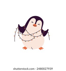 Cute baby penguin smiles, holds Christmas garland in hands. Adorable polar bird with Xmas decorations. North animal prepares for New year, winter holidays. Flat isolated vector illustration on white