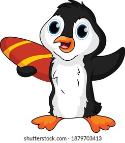 Cute Baby Penguin with Surf Board vector illustration
