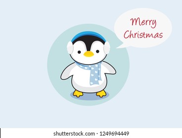 Cute baby penguin wear ear mob and blue scarf with Merry Christmas red letters on wording balloon stand on blue circle and light blue background.