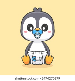 Cute Baby Penguin Wearing pacifier And Diaper Cartoon Vector Icon Illustration. Animal Nature Icon Concept Isolated Premium Vector. Flat Cartoon Style