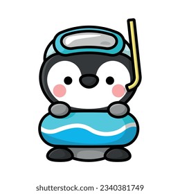 A CUTE BABY PENGUIN IS WEARING SWIMMING GLASSES AND RUBBER CARTOON VECTOR