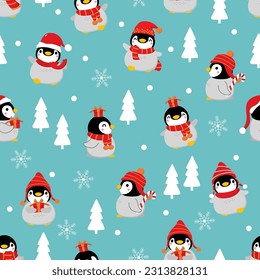 Cute baby penguin in winter costume seamless pattern. Wildlife animal in Christmas holidays outfit background.
