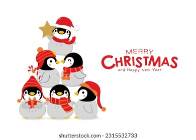 Cute baby penguin in winter costume vector. Merry Christmas and happy holidays greeting card. Wildlife animal cartoon character. -Vector