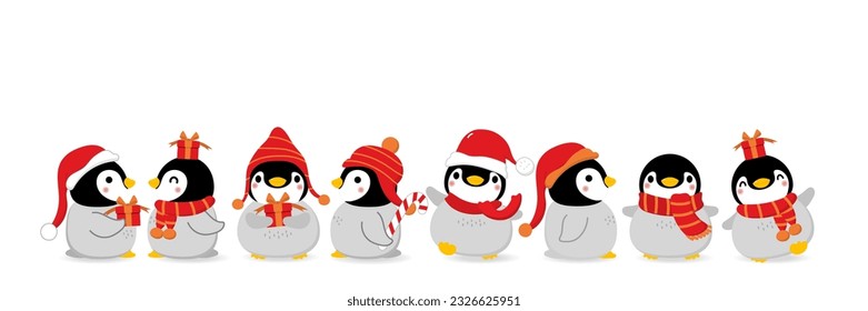 Cute baby penguin in winter costume vector. Merry Christmas and happy holidays greeting card. Wildlife animal cartoon character. -Vector