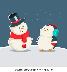 Cute baby penguin in winter warm clothes is standing near a snowman. Vector cartoon animal character. Winter illustration.