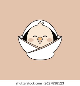Cute baby penguin wrapped in a blanket illustration on peach background
