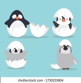 Pingüinos de bebé lindo nacidos en vector de huevo