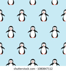 Cute baby penguins on blue background, seamless pattern, vector illustration.