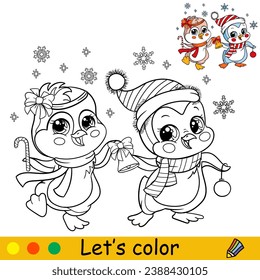 Cute baby penguins with snowflakes. Cartoon Christmas characters. Vector isolated illustration. Coloring book with colored sample. For card, poster, design, stickers, decor, kids apparel
