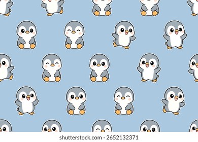 Cute baby penguins with various expressions and poses on a light blue background create an adorable seamless pattern. Perfect for winter themes.