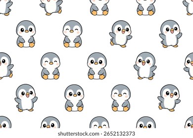 Cute baby penguins with various expressions and poses create an adorable seamless pattern. Perfect for children's designs and winter themes.