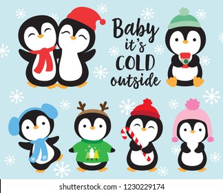 Cute baby penguins in winter outfits vector illustration. Penguins wearing winter scarf and hat.