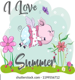 Cute baby pig angel cartoon hand drawn vector illustration. Can be used for baby t-shirt print, fashion print design, children wear, baby shower celebration, greeting and invitation card.