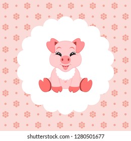 Cute baby pig in bib. Flat vector illustration on floral pattern. Can be used for design greeting card, invitation or banner or icons for mobile applications or logos. Flat design style