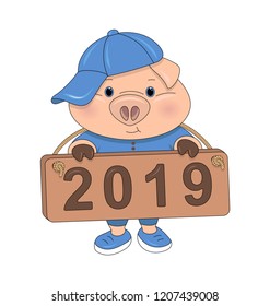 Cute baby pig in blue baseball cap that holds 2019.
